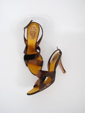 Rene Caovilla Brown Satin and Velvet Twist Slingback Sandals